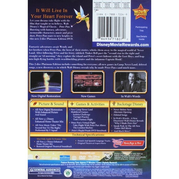 Walt Disney's Peter Pan 2-Disc Set Platinum Edition on DVD New and Sealed - Picture 2 of 2